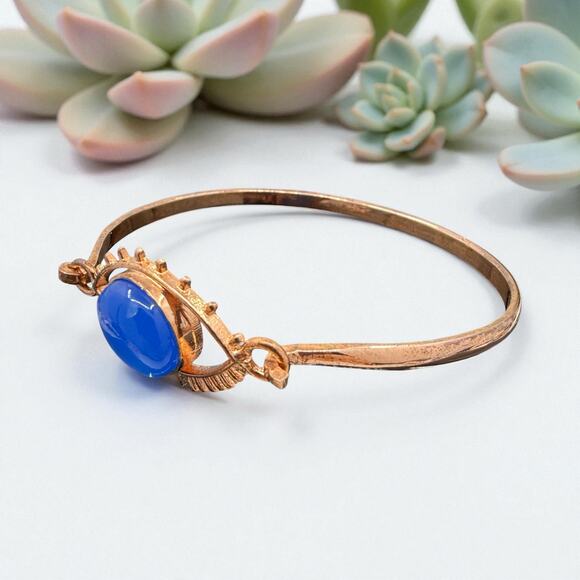 Natural Blue Chalcedony Eye Hook Bangle Bracelet Handmade Solid Copper Artisan - Picture 3 of 8